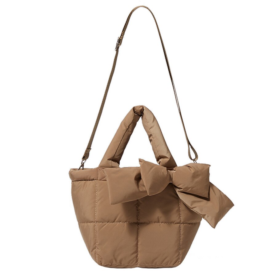 Wintertasche mit schleife, schultertasche für damen, wasserdichte nylontasche, gepolstert mit baumwolle und daunen