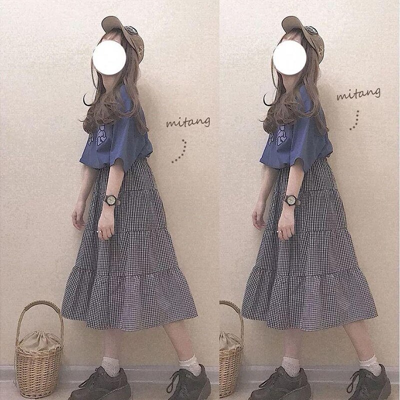 Lente Zomer Retro Alle-Wedstrijd Elastische Hoge Taille Grote Schommel Rok Plaid Mid-Lengte Rok Vrouwen Student losse Kleine Verse