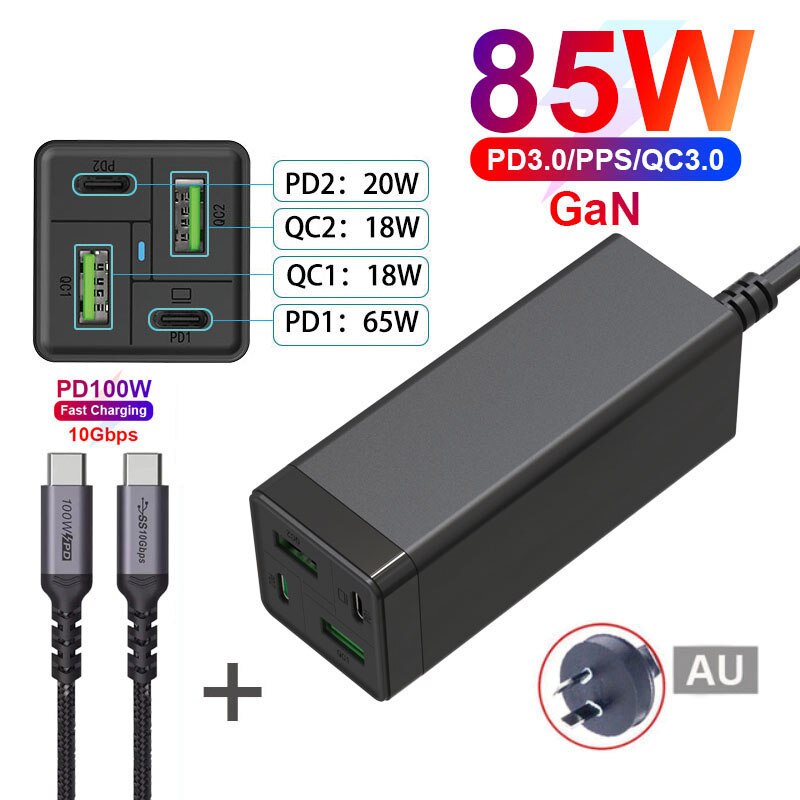 Chargeur USB C 85W, URVNS GaN Tech PD 65W PPS 33W QC 18W, Station de charge rapide USB-C pour iPhone, Samsung, MacBook: AU and Cable