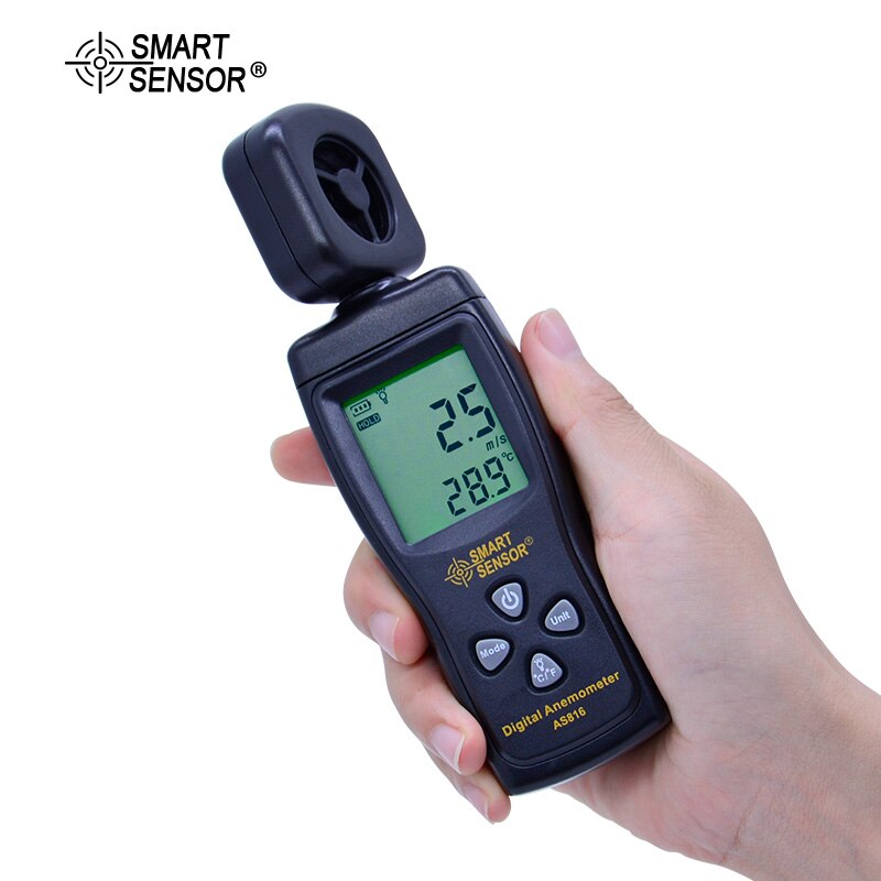 SMART SENSOR AS816 Air Flow Meter 0-30M/S Digital Anemometer Wind Speed Meter Tachometer Data Hold LCD Backlight Temp measure