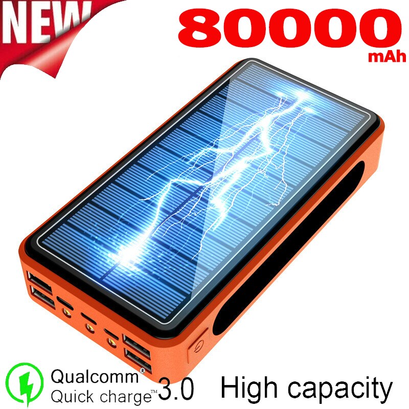 Cargador Solar de teléfono móvil, cargador de batería móvil portátil de gran capacidad de 80000mAh con linterna para todos los teléfonos inteligentes