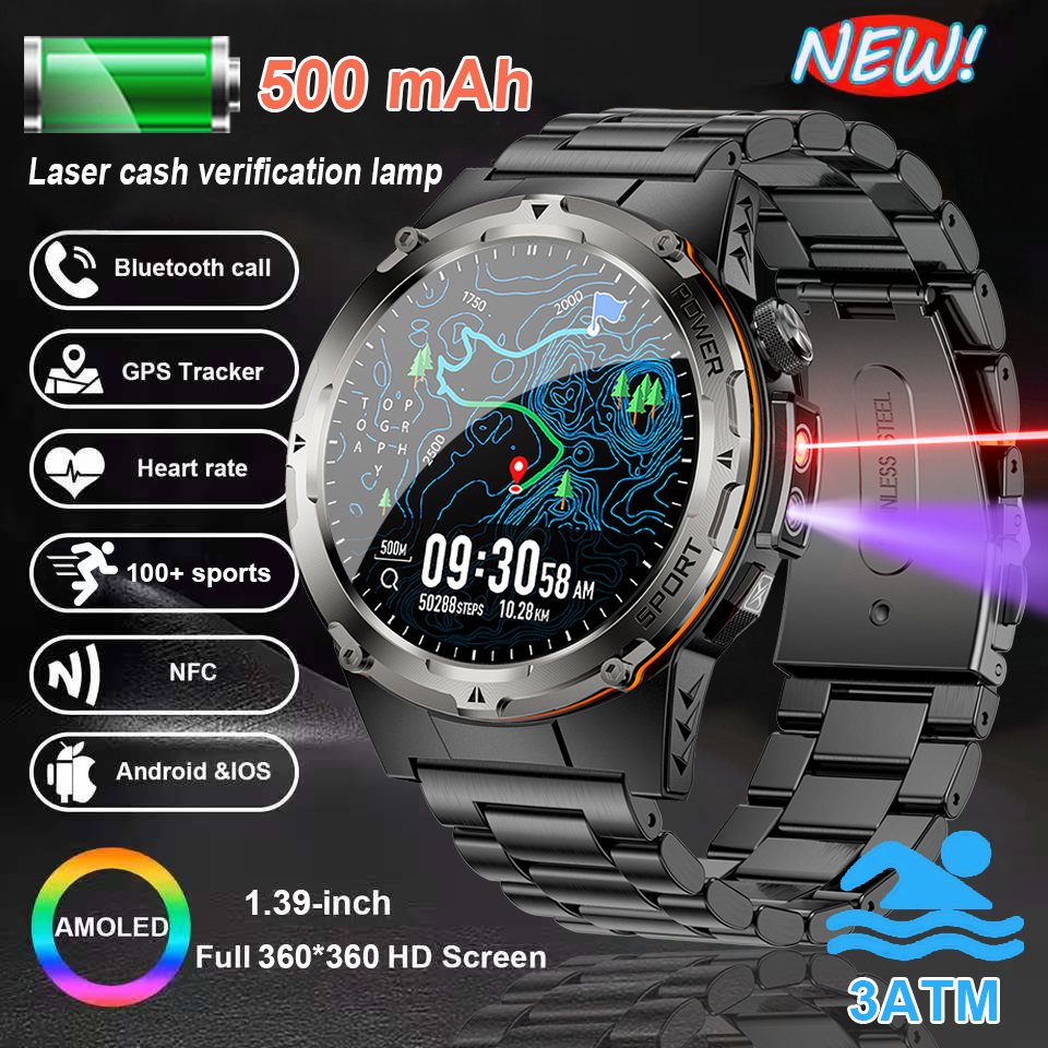 2025 novo relógio inteligente militar masculino ip68 à prova dip68 água esportes ao ar livre rastreador de fitness monitor saúde bt chamada 365nm uv + infravermelho