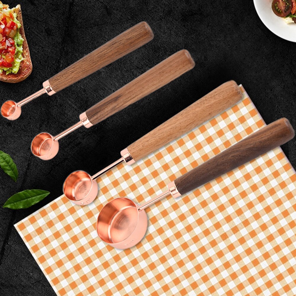 4pcs Household Kitchen Dining Bar Baking Tools Walnut Wooden Handle Copper Plating Measuring Cups Spoon Cake Sugar Tools Set