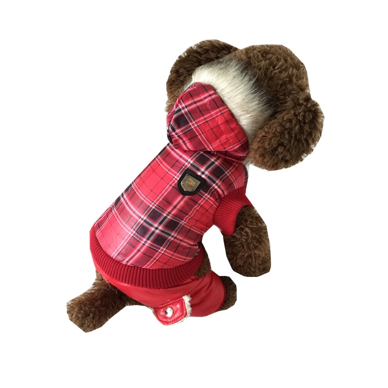 Red Grid Dog Clothes Winter Coat Jacket Hooded Pet Dog Clothes Cotton Warm Pet Jacket Thickness Dog Clothing