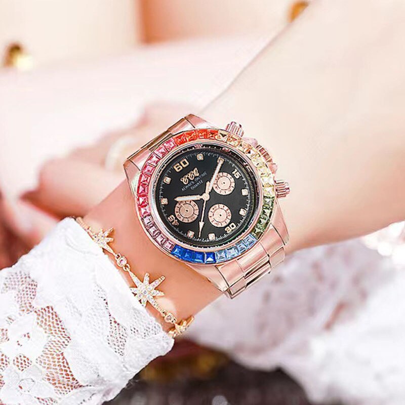 Rainbow Circle Three-eye Steel Band Watch, Square Diamond Color Diamond Personality Watch For Men And Women