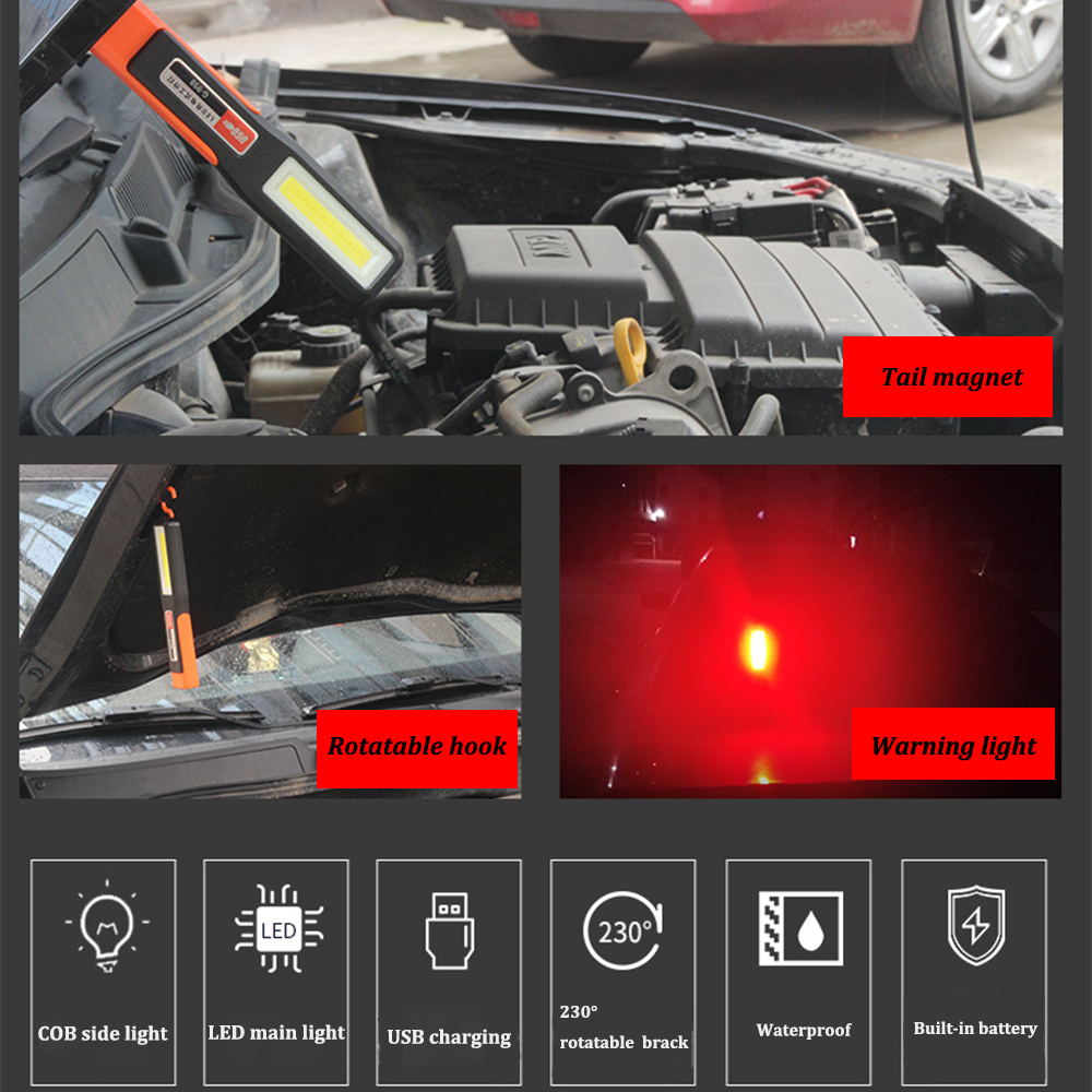 LED-Arbeitsleuchte mit Magnet, Wartungsbeleuchtung, Taschenlampe, Auto, Garage, Mechaniker, Lampe, Aufladen, COB, Auto-Wartungsleuchte mit Haken