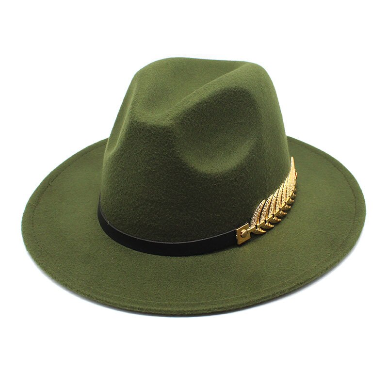 Chapeau en laine à large bord pour femme, chapeau avec chaîne de feuilles en métal, style Jazz, britannique, rétro, Fedora, à la , église, Panama, automne et hiver