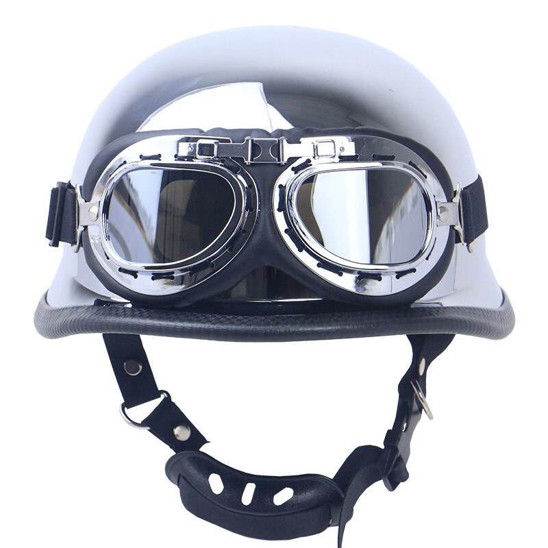 DOT Silver Plating Chrome Half Helmet Cruise Chopper Biker Pilot World War II German Style Motorcycle Open Helmet with Goggle