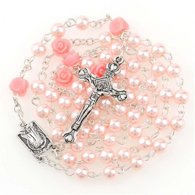 6 stili 6mm croce rosario collana imitazione perla fiore rosa vergine maria ciondolo gioielli religiosi cattolici regalo per le signore: Style1-Pink