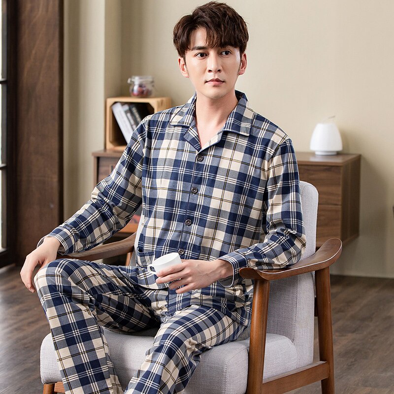 Pyjama 100% coton pour homme, tenue de nuit à la , vêtements chauds pour la maison, à carreaux PJ, automne