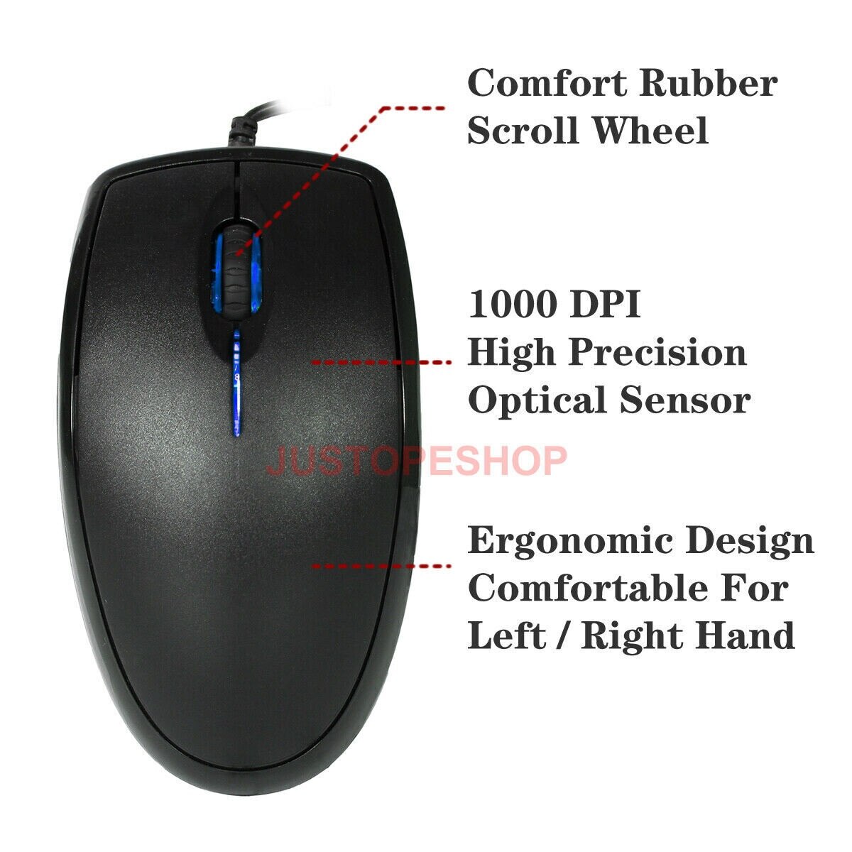 COMFORT WIRED USB OPTICAL MOUSE LED FOR PC LAPTOP COMPUTER SCROLL WHEEL BLACK UK