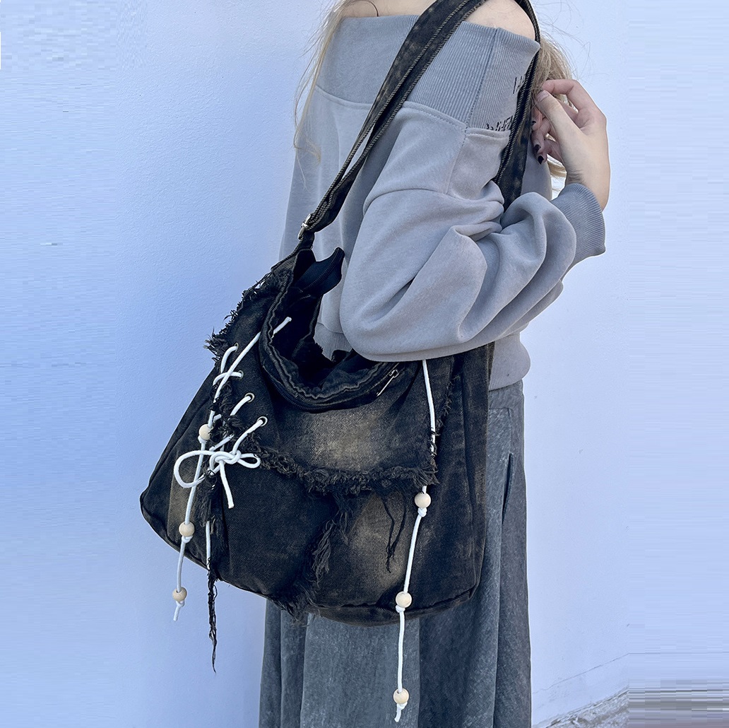 Y2k koreanska harajuku gotiska hobo jeansväskor estetiska vintageväskor damhandväskor crossbody messenger tote peddler axelväskor: Svart