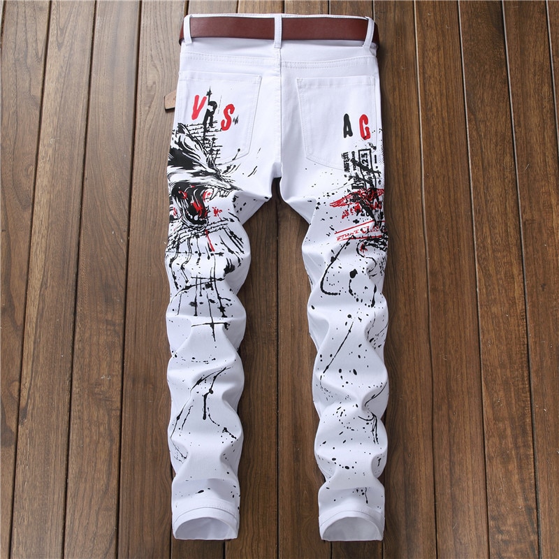 Streetwear Graffiti Jeans Men Elastic Denim Pants Trousers Hip Hop Casual Print Pant White Slim Fit BP016