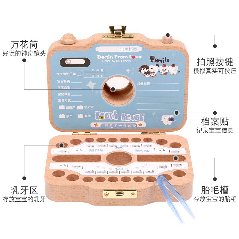 Wooden Baby Teeth Box Baby Tooth Keepsake Box Camera Shaped Wooden Container Storage Teeth Kids Tandendoosje Caja Dient