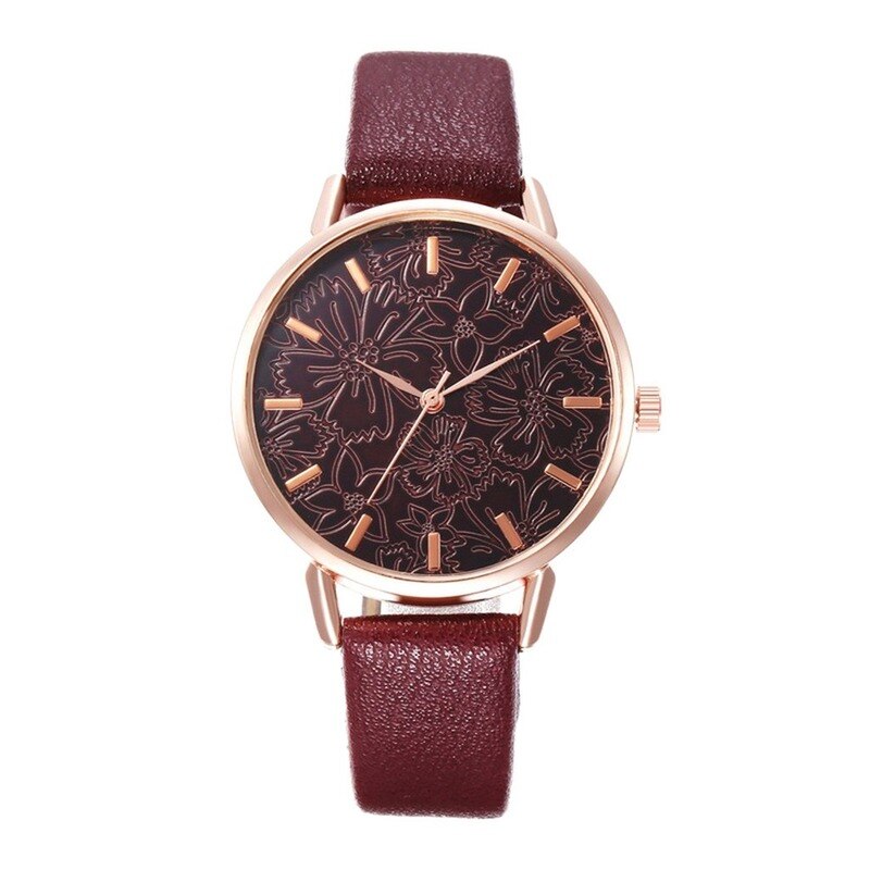 Dames Student Horloge Mode Creatieve Reliëf Bloemen Quartz Horloge Luxe Vrouw Rvs Horloge Relogio Feminino: Bruin