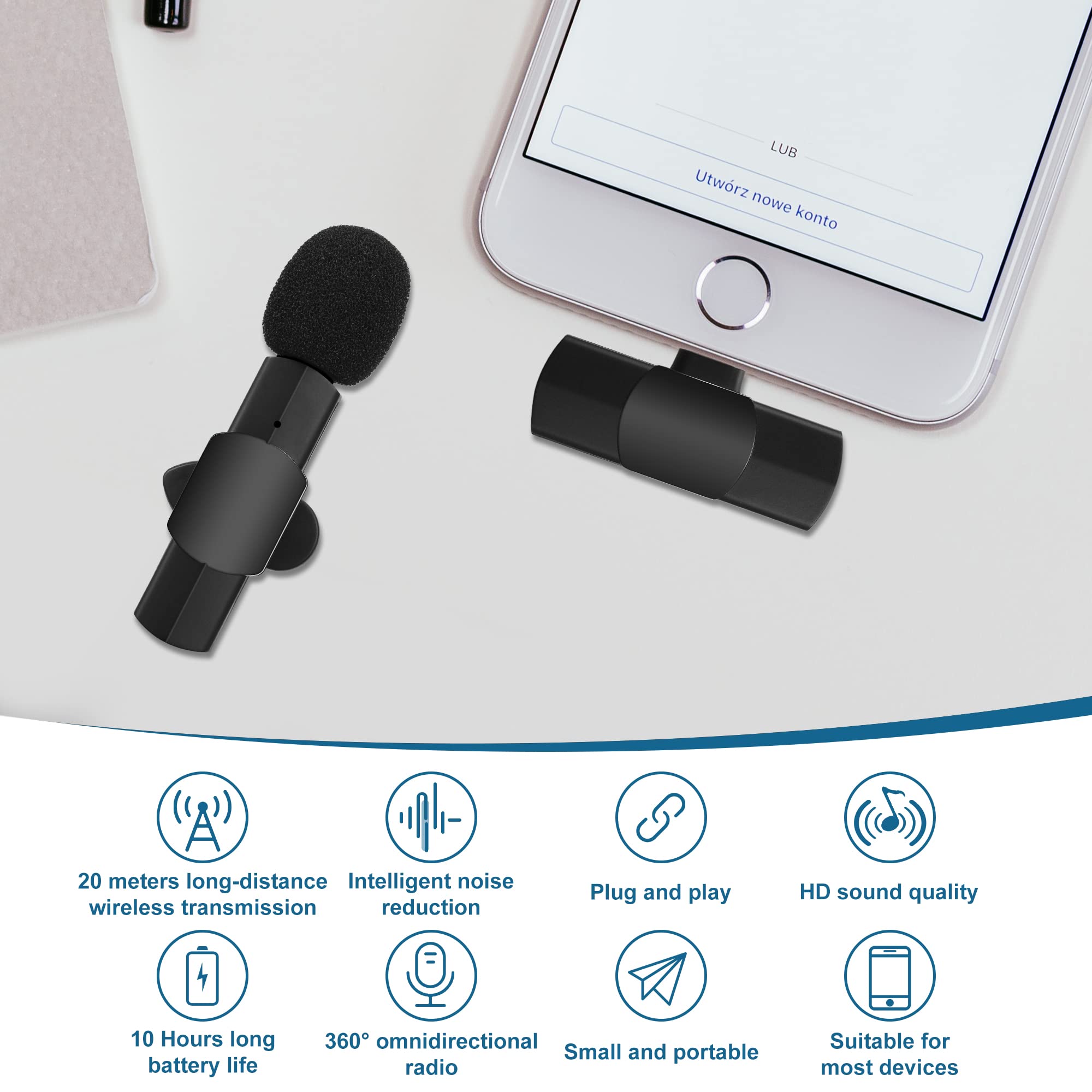 Wireless Microphone for iPhone iPad Android Lavalier for Video Recording TikTok Facebook Live Interview Plug Play Lapel Mic