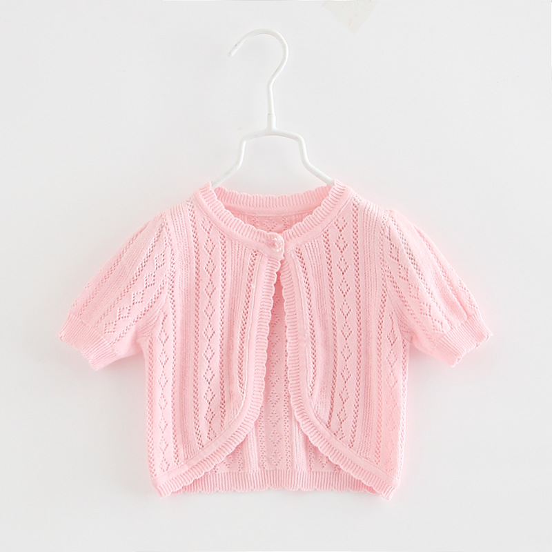 Sommer Neue Kinder Mädchen Hohl Knit Strickjacke Kurzarm Dünne Cape Jacke BB119: pink / 80cm