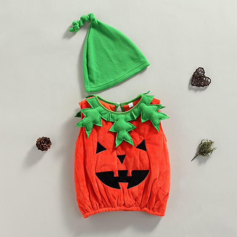 2 Stuks Baby Kleding Halloween Outfit Fluwelen Pompoen-Vormige Mouwloze Kostuum Geknoopt Hoed Pak Voor Peuter Meisjes Jongens 0-3 Jaar: 6m