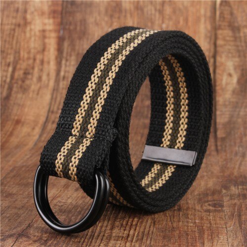 cinturón de lona para hombres jóvenes lona doble anillo hebilla Simple salvaje cinturón vaquero hombres mujeres: black-tiaowenH