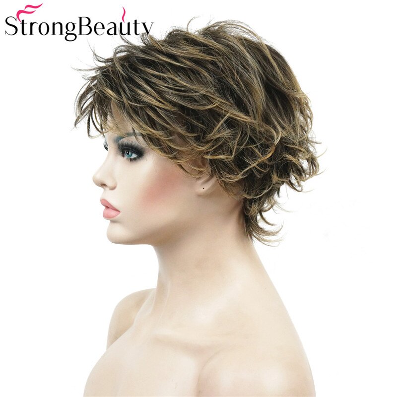 StrongBeauty Short Straight Synthetic Capless Wig Brown/Blonde Mix Layered Haircut Hair Natural Wigs