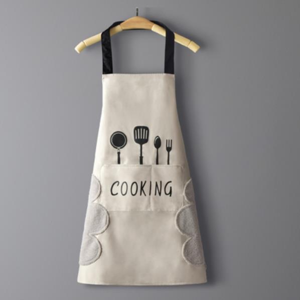 kitchen Apron woman Household man Cooking Men Women chef Oil-proof Waterproof Adult Coffee Overalls Wipe Hand pinafore: beige with wipes