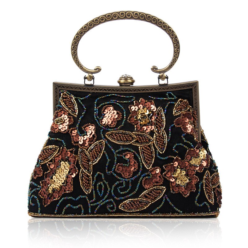 Vintage Stijl Mode Vrouwen Avondtasje Kralen Emebroidery Prachtige Kleine Partij Tas Vrouw Keten Schouder Purse Wedding Koppelingen: Black