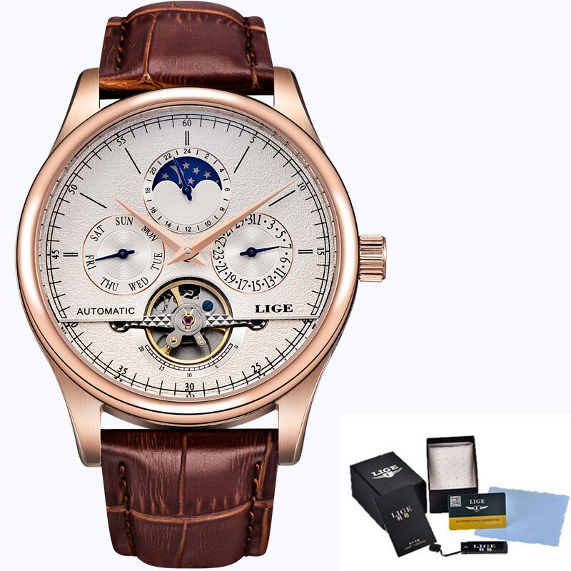 Relojes de Hombre LIGE, reloj mecánico automático para Hombre, reloj Tourbillon deportivo, reloj de pulsera Retro de negocios Casual de cuero