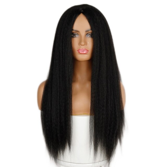 LINGHANG-peluca recta Yaki sintética para mujer afroamericana, pelo largo de 30 pulgadas, parte lateral, sin flequillo: 1B