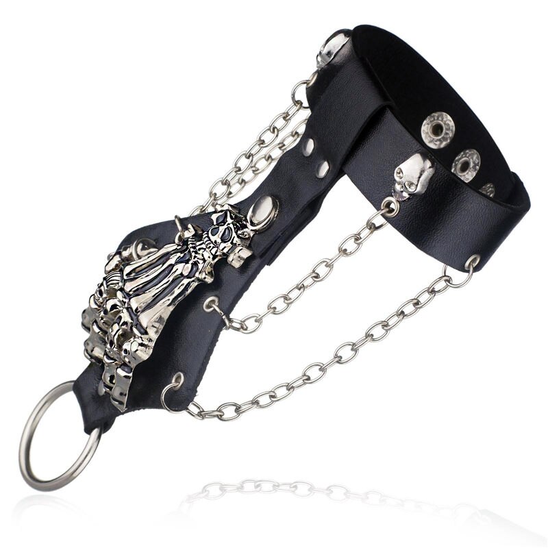 Spked Skull Wrstband Studded Genune Leather Blng Skull Buckle