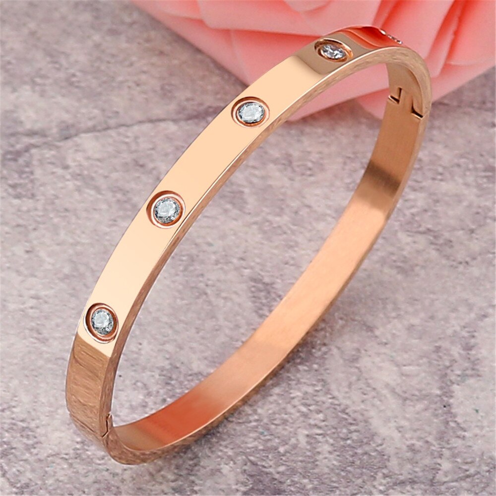 Pulseiras de design oval luxo aço inoxidável abertura rosa ouro zircão pedra amor pulseira pulseira feminino jóias menina acessórios