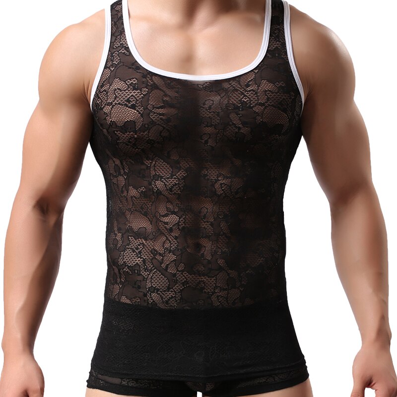 Herr sommarstil genomskinliga spetslinnen blommor mönster herr undertröja herr & #39 ;s väst singlets ärmlös o-ringad