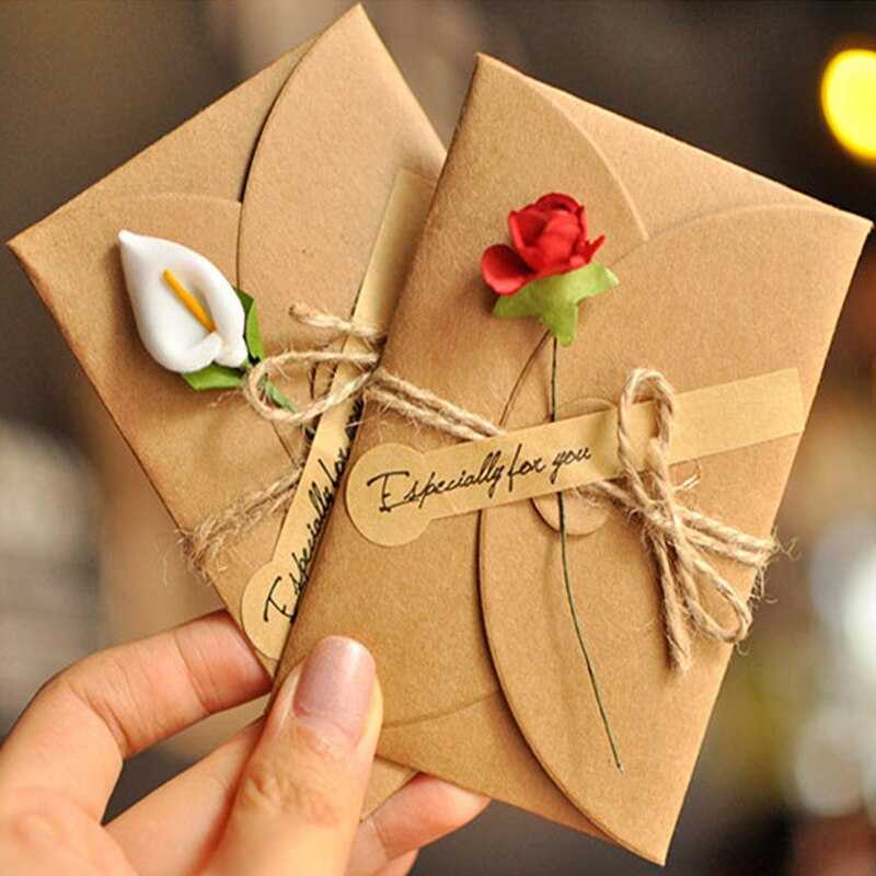 Retro Small Kraft Paper Invitation Greeting Card With Envelope DIY Handmade Dry Flower Wedding Party Invitation Envelopes
