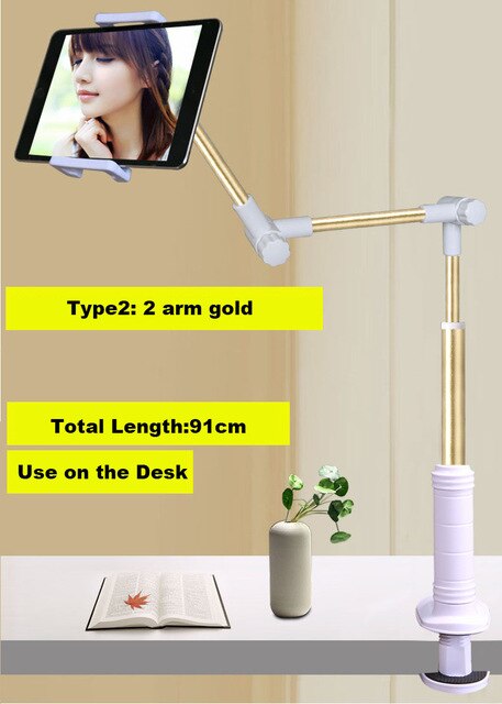 Folding Long Arm Phone Tablet Stand Holder For Ipad Pro 12.9 Samsung Kindle 5-14 Inch 360 Rotation Lazy Bed Desk Tablet Mount: type 2  gold