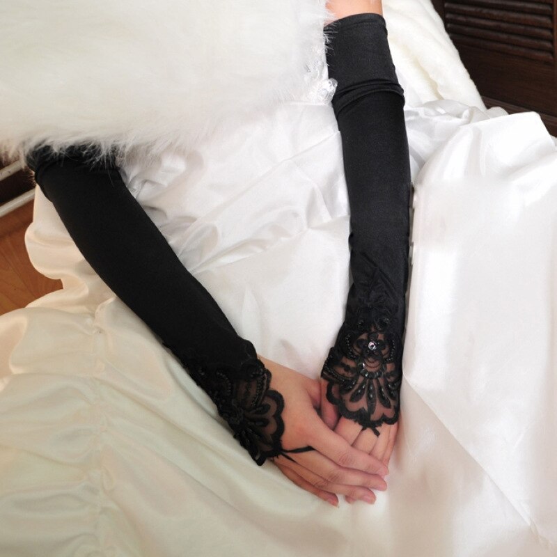 Ladies Long Bridal Glove Sheer Beading White Lace Fingerless Satin Gloves for Bride Weeding Accessoire vestidos de novia