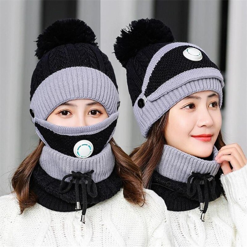 3 Pieces Set Women's Knitted Hat Scarf Caps Neck Warmer Winter Hat for Ladies Girls Skullies Beanies Warm Fleece Caps: black