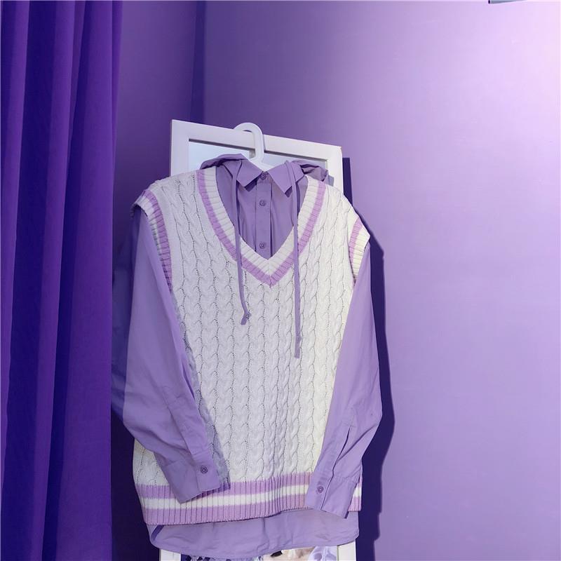 Sweter kamizelka kobiety piękne fioletowe koreańskie popularne dekolt w serek nastolatki skręcony sweter cały mecz jesień moda Femme bez rękawów dzianiny