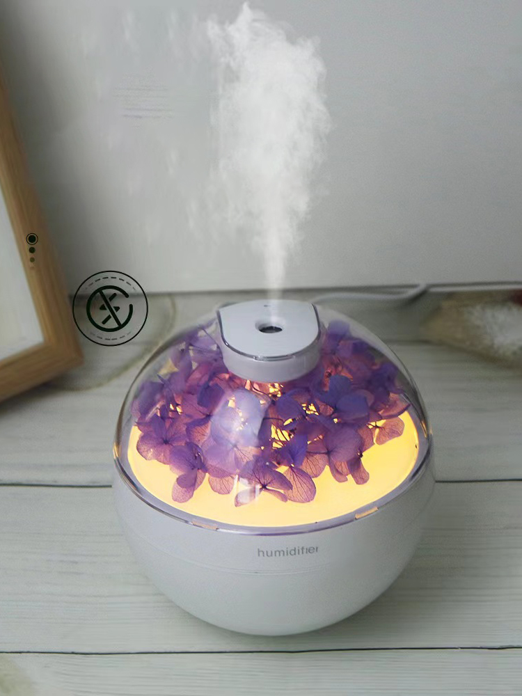2025 cable de alimentación USB Mini humidificador de aire de flores simuladas difusor de Aroma difusor de aceites esenciales con luces nocturnas cálidas: Morado
