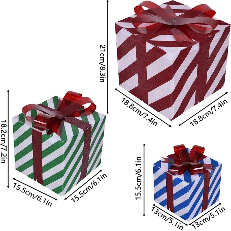3pcs Lighted Boxes Christmas Decorations with Bows Red Green Blue Stripe Box Party Home Yard Decor
