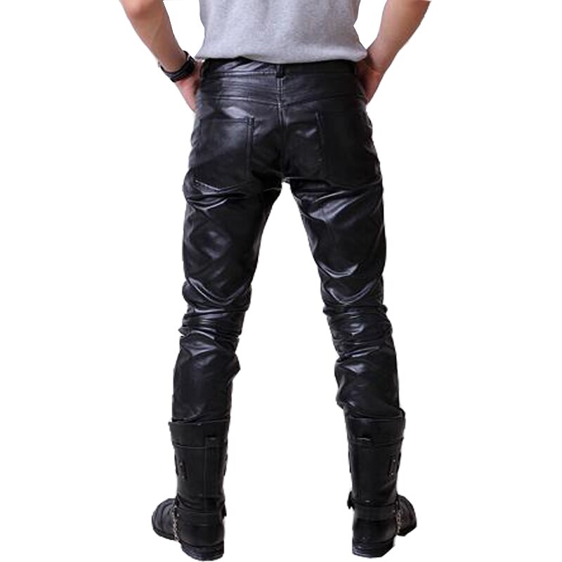 Hip Hop Mens Leather Pants Faux Leather Pu Material 3 Colors Motorcycle Skinny Faux Leather Casual Pants
