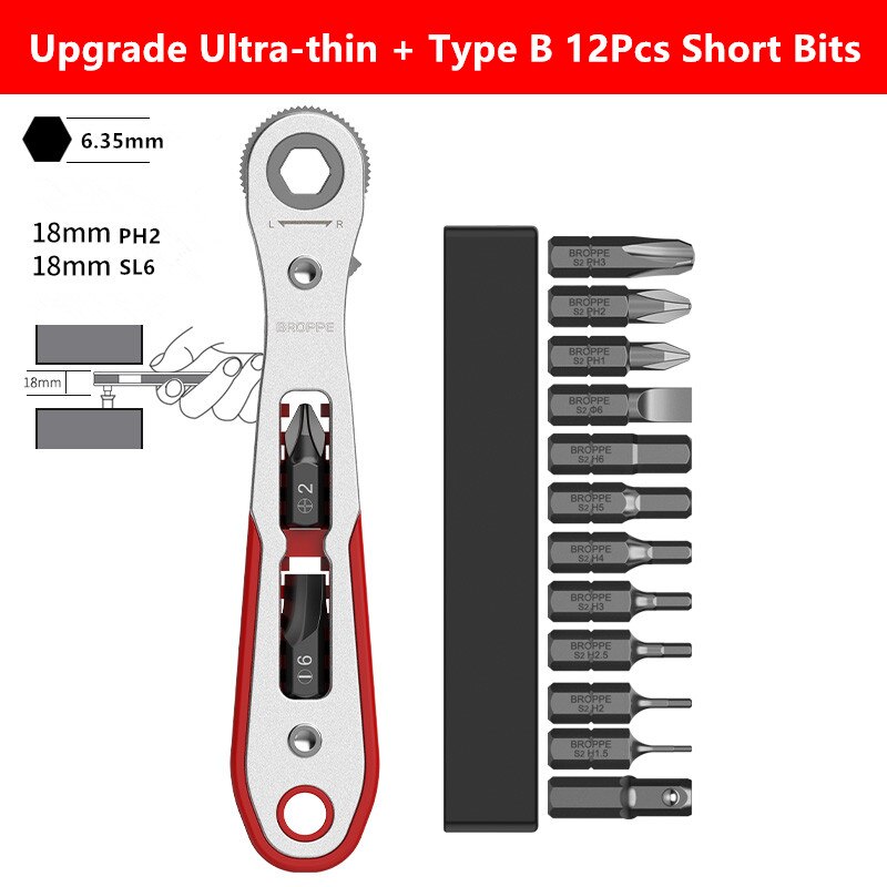 BROPPE Upgrade 36 Teeth Two-way Ratchet Screwdriver Multi-function Turning Right Angle Screwdriver Set Used For Narrow Space: With 12Pcs Type B