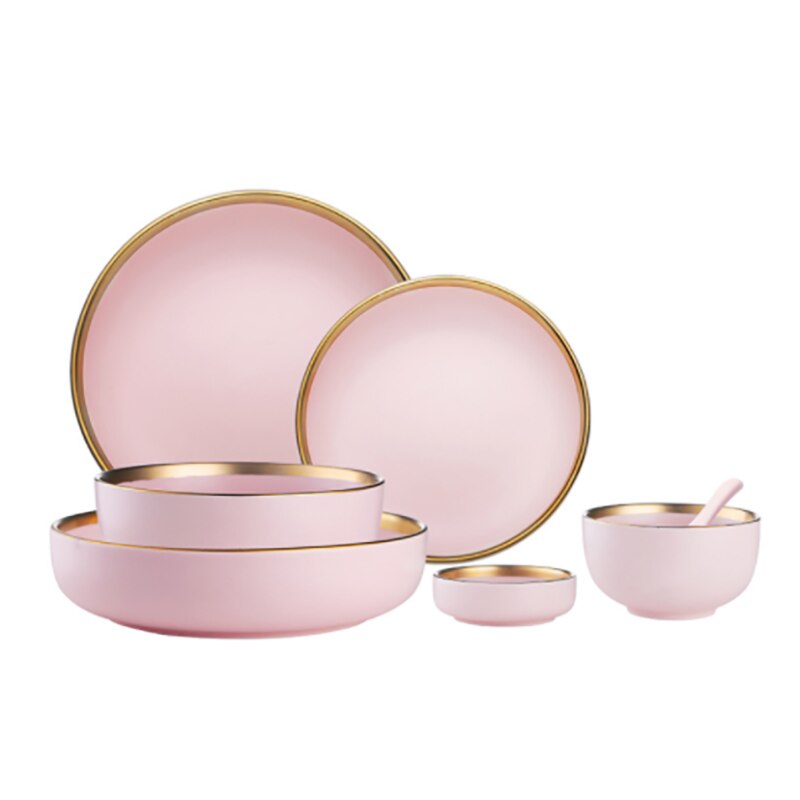 Pink/blå keramik guld indlæg tallerken sæt bøf mad tallerken nordisk stil komplet bordservice skål fad porcelæn spisestel sæt