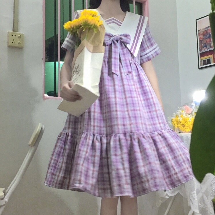 Japanese Navy Collar Sweet Navy Style School Uniform Cute Jk Plaid Dress Kawaii Girl Summer Casual Dress