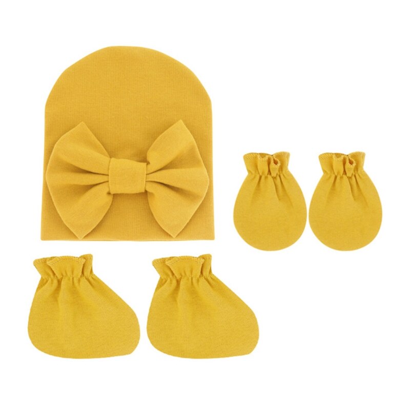 Baby Strik Hoed Geen Kras Handschoenen Voet Cover Set Zuigelingen Zachte Katoenen Wanten D5QA: Yellow