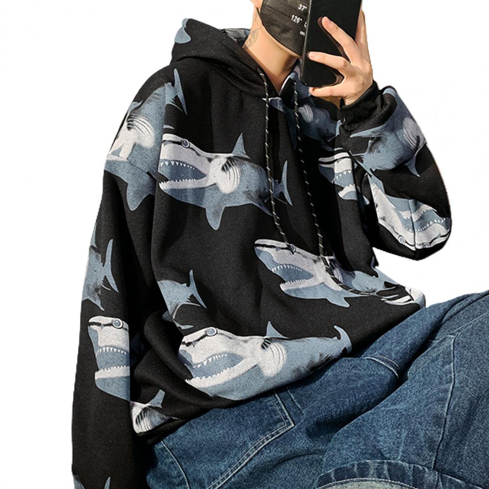 men fleece hoodie sweatshirts winter oversize male pullovers Sharks Print Long Sleeve Drawstring Hoodie Plush Thick Sweatshirt