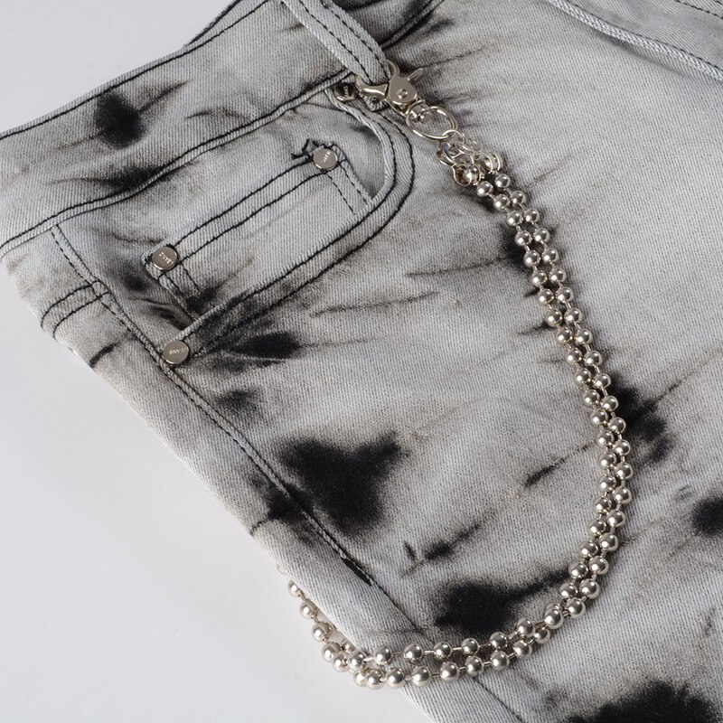 Slips för män och färgade snötvättade jeans med kedja streetwear slimmade stretchbyxor grå svarta byxor