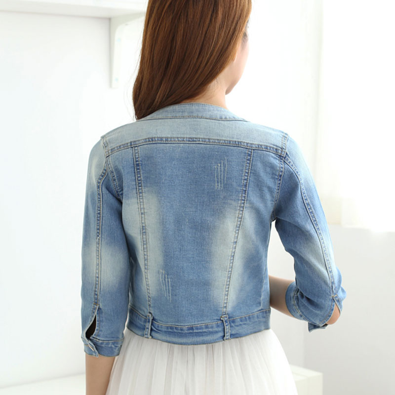 Chaqueta vaquera de algodón de otoño para mujer, chaqueta vaquera corta de 7 mangas con cuello redondo ajustada, abrigos Vintage para mujer, chaqueta de talla grande para mujer