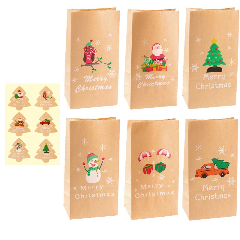 Kerstman Sneeuwpop Kraft Bags Vrolijk Kerstfeest Xmas Party Decor Papier Traktatiezak Briefpapier Envelop Met Boom Sticker 6set