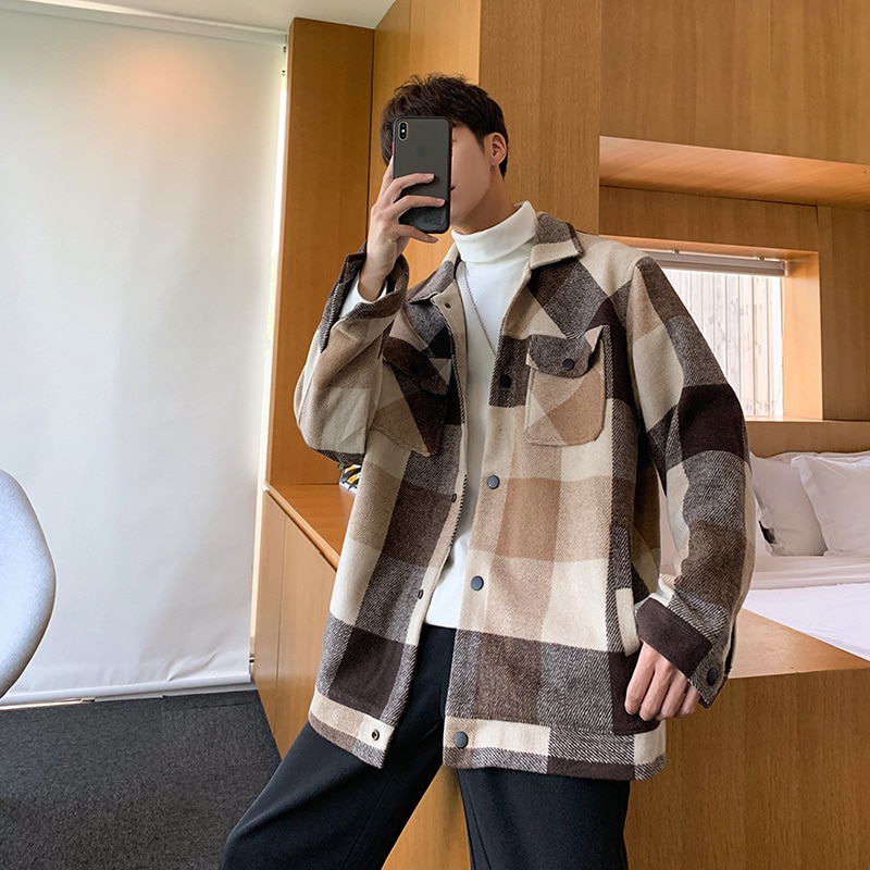 Vinter ulden frakke mænd afslappet tartan ulden jakke mænd streetwear vild løs stor størrelse herre jakker overfrakke m -5xl