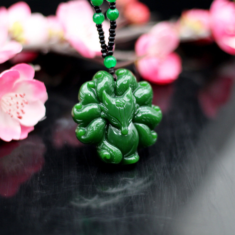 Natural Green Jade Nine Tailed Fox Pendant Necklace Jadeite Chinese Hand-Carved Charm Jewelry Amulet for Women Men