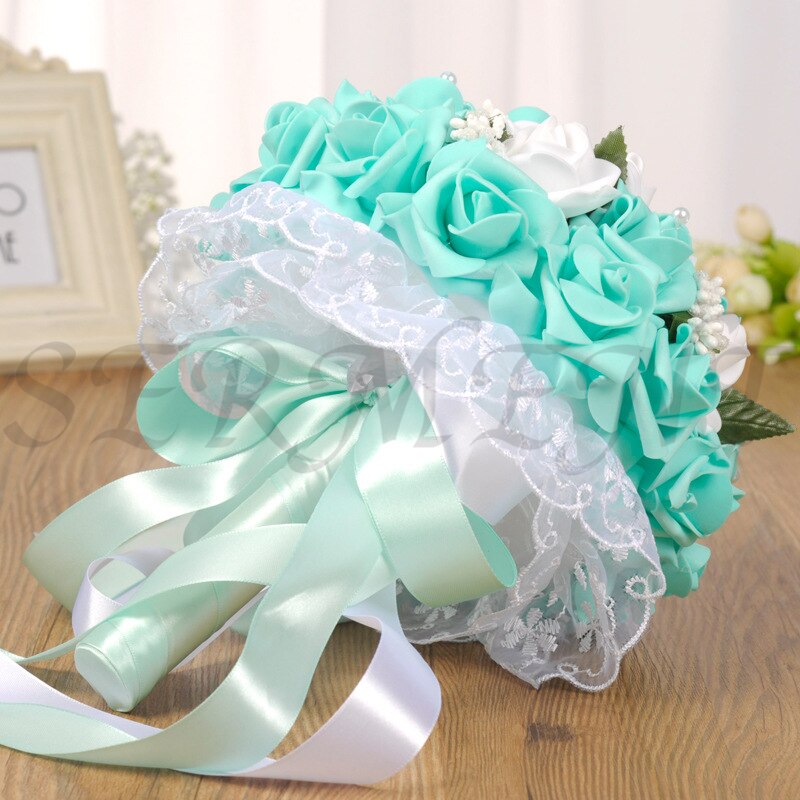 Ramos de novia de flores Artificiales, accesorios de boda, Blanco, Morado, AZUL CIAN, 9,8 pulgadas: green